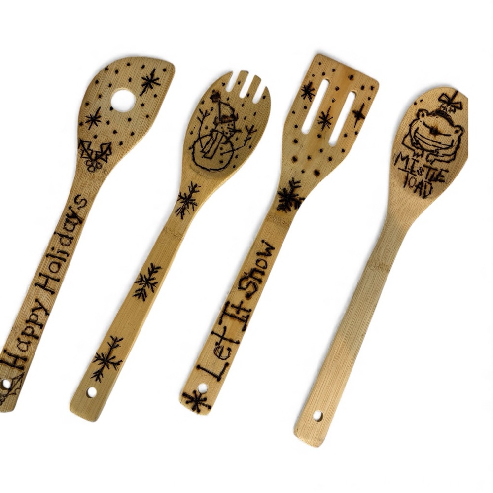 Handmade Wood-Burnedβ Bamboo Spoon Set β (Set of 4) One of a Kind Gift
